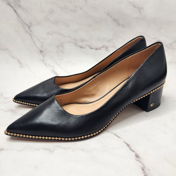 Coach Willa Pump Black Leather Heels Pointed Tow Gold Studded Women's 9 - Picture 1 of 11